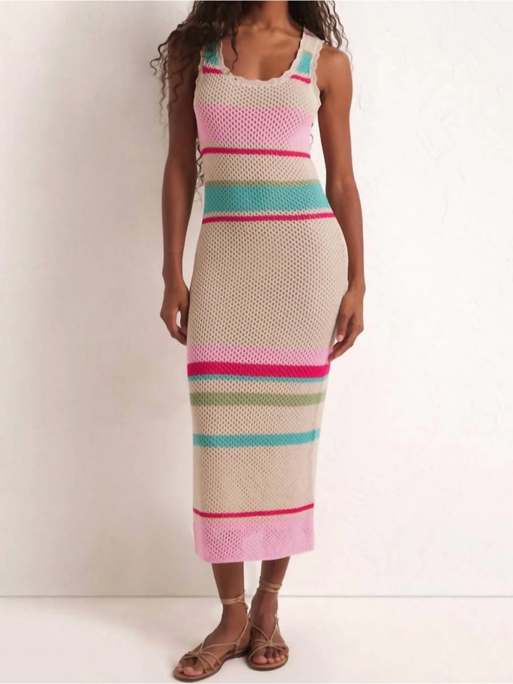 Sleeveless Beige Crochet Midi Dress with Pink & Aqua Stripes